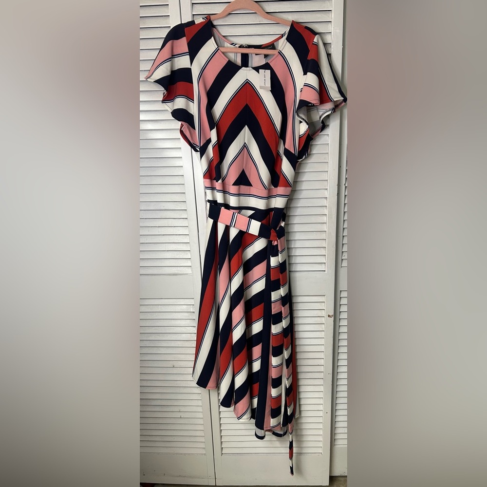 Lane Bryant Striped Belted Midi Dress in Navy, Pink & Cream Size 18